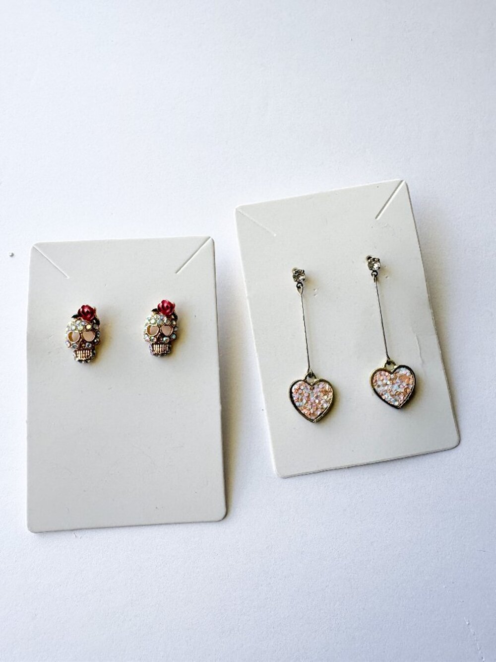 Mexican Skull & Heart Earrings Set | Rhinestone Calavera + Glitter Hearts | 2 Pa